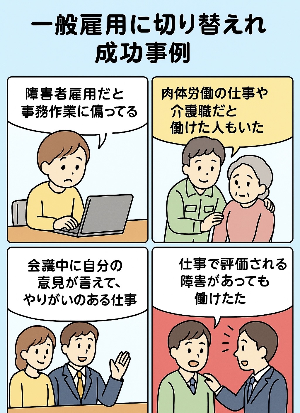 中には障害者雇用から一般雇用に切り替えて成功自他事例も